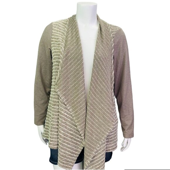 Logo Lori Goldstein Womens Cardigan Mixed Media Open Front Boucle Knit Shale XL - Picture 2 of 11